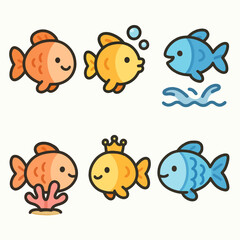Cartoon fish icon set with 6 adorable and vibrant designs, from swimming to playful jumps, on white background. Ideal for stickers, games, and marine-themed creative projects