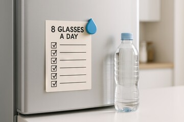 Water bottle in front of refrigerator with checklist reminding to drink eight glasses a day. concept of hydration, health routine, daily water intake.