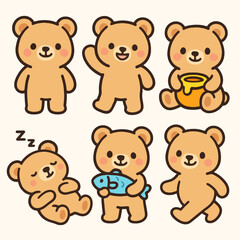 Cartoon bear icon set with 6 adorable designs, from waving to eating honey, in bright colors on white background. Ideal for stickers, games, and creative animal-themed designs
