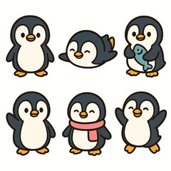 Set of 6 cute cartoon penguin icons with playful and winter-themed poses on white background. Perfect for children’s designs, holiday graphics, and educational materials