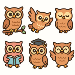 Cartoon owl icon set with 6 adorable and expressive poses, from sleeping to flying, on white background. Ideal for stickers, school materials, and creative graphics