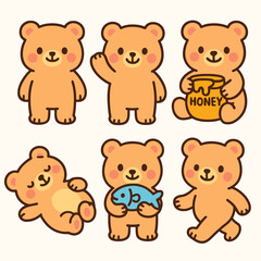 Set of 6 cute cartoon bear icons with colorful and playful poses on white background. Perfect for children’s books, nature-themed projects, and decorative illustrations