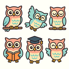 Estores personalizados com sua foto Set of 6 cute cartoon owl icons with colorful and playful designs on white background. Perfect for educational projects, kids’ designs, and decorative illustrations