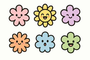 Cartoon flower icon set with 6 colorful smiling designs on white background. Ideal for creative projects, stickers, and cheerful graphic elements