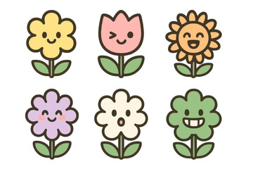 Fototapeta premium Set of 6 cute cartoon flower icons with happy faces, pastel colors, and unique petal designs. Perfect for stickers, decor, and kids’ projects