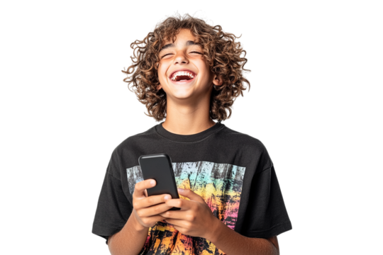 Laughing boy in PNG with transparent background holds his phone. Perfect for overlay designs, social media, ads.