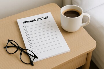 Morning routine checklist with cup of coffee and eyeglasses on wooden table. concept of organization, daily planning, productive habits