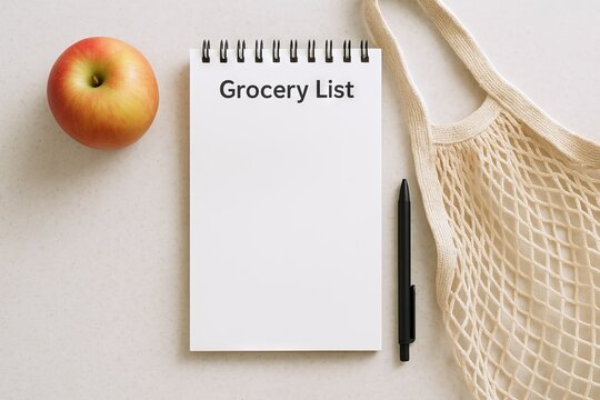 Grocery list on kitchen counter with apple, notebook, reusable bag, and pen. concept of meal planning, eco-friendly shopping, homemade cooking