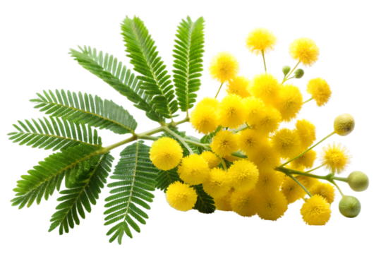 A branch of mimosa flowers with yellow fluffy blooms and green fernlike leaves, isolated on transparent background
