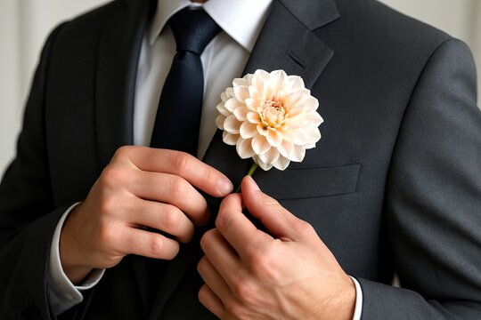 Elegant man adjusting dahlia boutonniere on suit jacket lapel. concept of wedding fashion, groom style, formal attire accessory, sophisticated elegance, floral decoration