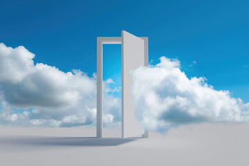 Open door floating in the clouds under a bright blue sky during the day