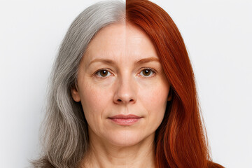Woman with half gray and half red hair transforming hairstyle concept of hair change, aging, beauty transition, identity change, personal transformation, hair color