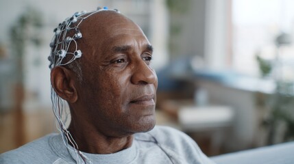 Naklejka premium Portrait medium shot of stroke survivor listening intently to music during therapy EEG headset sensors sharply in focus against a calming softly blurred environment.