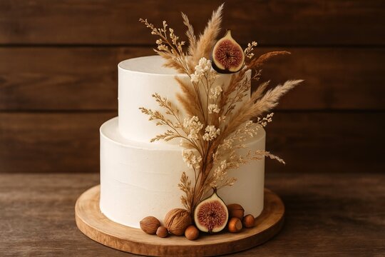 Elegant autumn wedding cake decorated with nuts and rustic floral elements on wooden table. concept of celebration, rustic wedding, nature-inspired decor