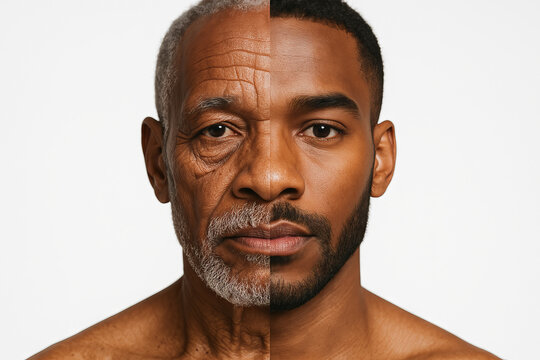 Contrast of youth and old age in african american man s face illustration. concept of aging, generational differences, personal transformation.