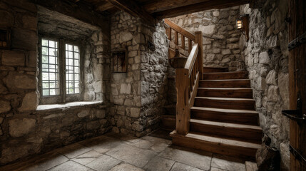 Dark stone-walled room with small window and wooden staircase
