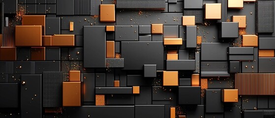 Abstract geometric arrangement of black and bronze cubes with scattered golden particles
