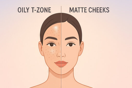 Illustration of young asian woman with combination skin showing oily t-zone and matte cheeks. concept of skincare, skin types, beauty, facial care, dermatology education.