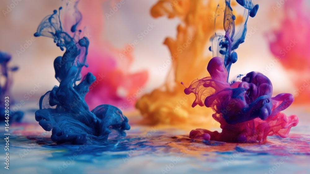 Poster colorful ink clouds are dissolving in water, creating abstract shapes with vibrant colors and swirli