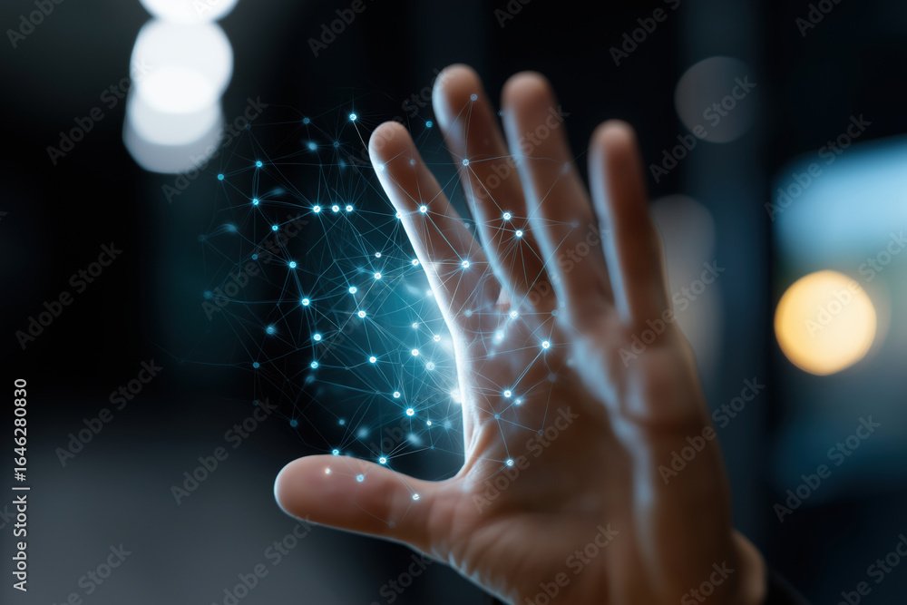Poster hand reaching out to a digital network representation in a futuristic setting