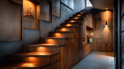 Modern elevated home interior with wooden staircase and custom storage cabinetry