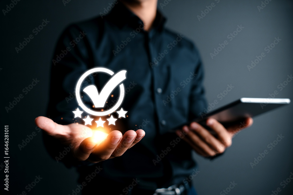 Aufkleber man holding virtual checkmark and five star rating demonstrating excellent service and quality assur