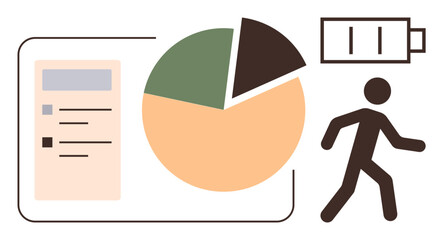 Pie chart, checklist for task tracking, battery with power indicator, and walking figure suggesting progress. Ideal for productivity, health, energy, analytics, teamwork motivation project