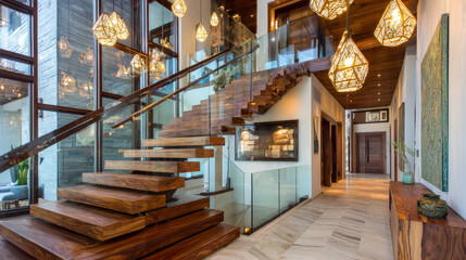 Modern wooden staircase with glass railings and decorative wall lamps in contemporary home interior