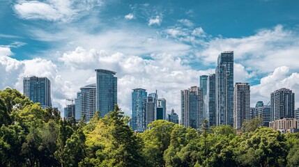 Fototapeta premium Panoramic view of a modern city skyline with tall skyscrapers against a cloudy sky