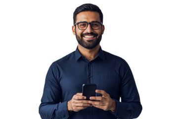Smiling man in a blue shirt holds a phone with a transparent background for web design and presentations.