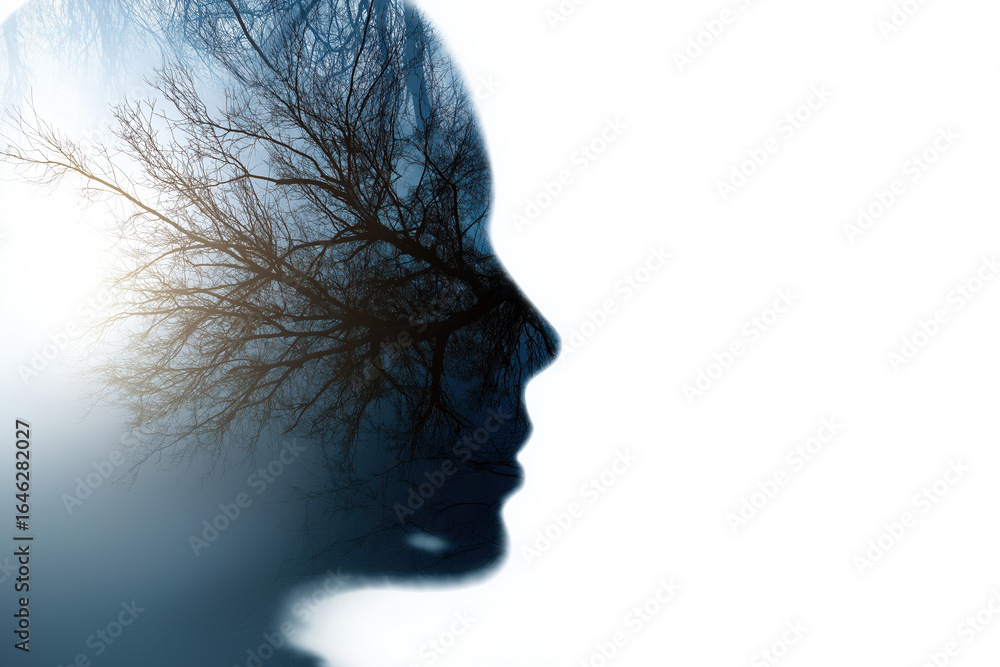 Poster silhouette of a person merging with tree branches during twilight