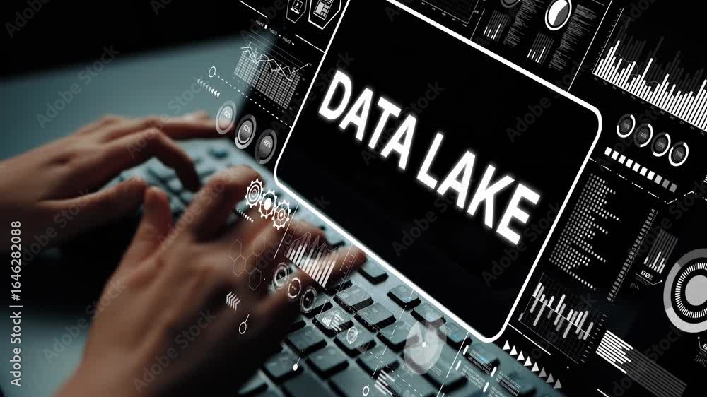 Poster hands typing on keyboard with data lake concept displayed on digital screen for technology and data 