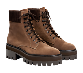 A pair of brown suede combat boots with chunky lug soles and ribbed cuffs, isolated on a transparent png background.