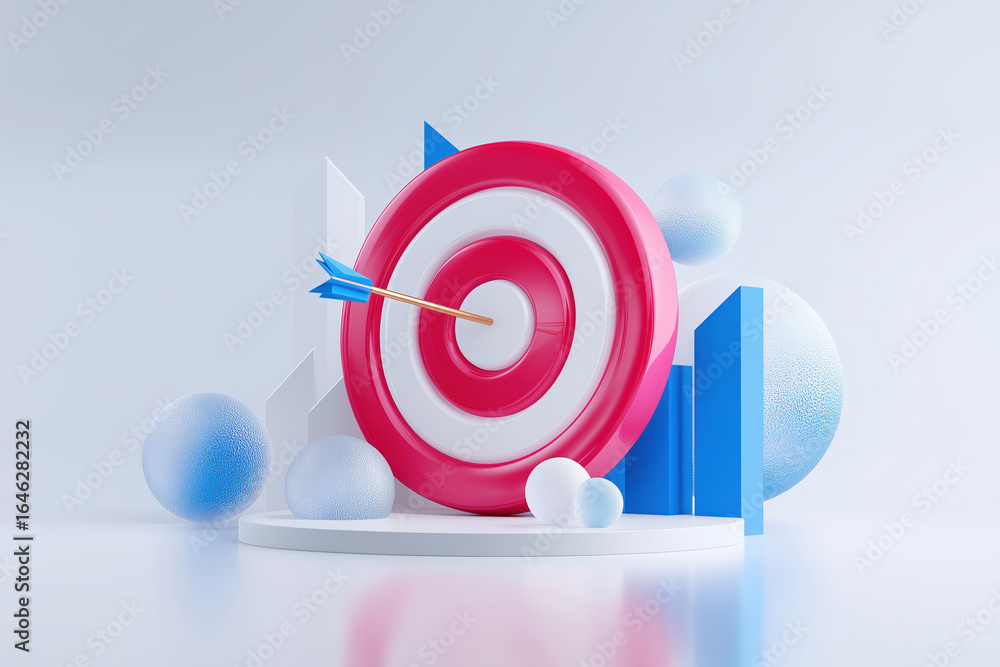 Poster target with arrow hitting bullseye in a minimalistic 3d design setup