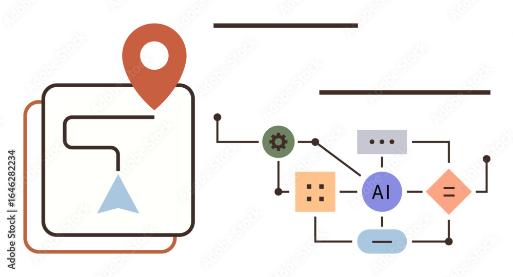 Aufkleber map with location pin and path beside ai-based process flow with nodes, gears, and arrows. ideal for