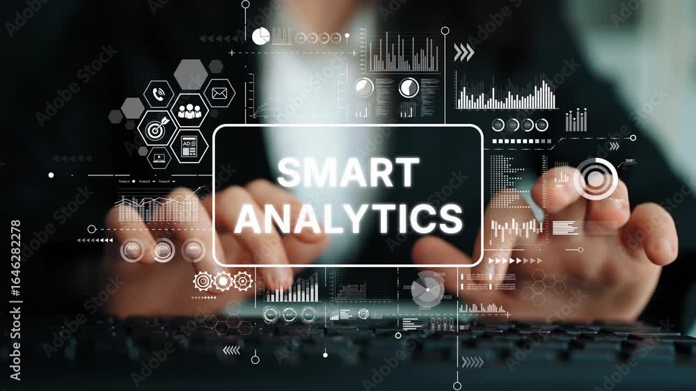 Aufkleber smart analytics concept with digital interface over keyboard showing data analysis and business inte