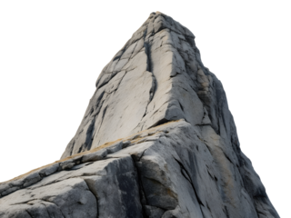 A rugged mountain peak stands tall, a natural rock formation with strong texture reaching skyward, an isolated transparent png image.