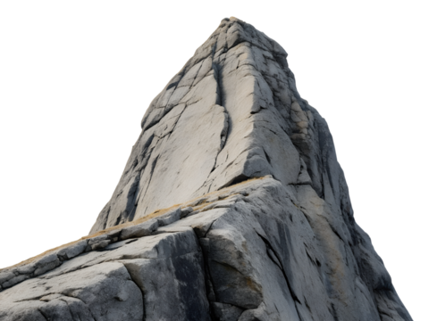 A rugged mountain peak stands tall, a natural rock formation with strong texture reaching skyward, an isolated transparent png image.