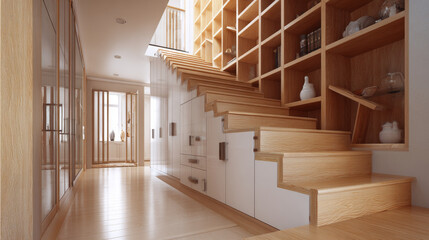 Modern interior hallway with glossy wooden staircase and built-in pullout storage cabinets under stairs in multi-story home