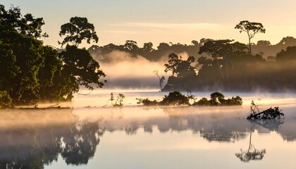 Misty sunrise over a tranquil lake in a lush rainforest