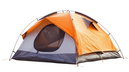 A portable camping tent set up and isolated on a clean white background or transparent png 