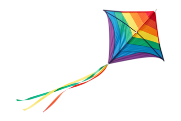 A vibrant rainbow colored kite is gracefully flying with colorful tails, isolated against a transparent background, a clear png image.
