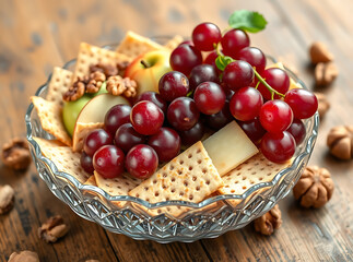 Fresh Fruit Platter: A vibrant array of fresh, colorful fruits, including juicy grapes and slices of apple, sit alongside crackers, walnuts and cheese, served elegantly on a decorative glass dish.