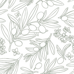Seamless pattern drawing olive fruit branch. Hand drawn floral illustration, tree branches, flowers bloom, leaves olive fruits background green. Drawings food. Edible foliage. Menu, wrapping fabric