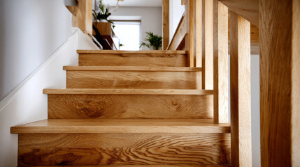 Modern wooden staircase made of natural ash tree in contemporary home interior