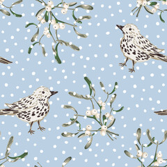 Christmas seamless pattern, birds, mistletoe, snow, gray background. Vector illustration. Nature design. Season greeting. Winter holidays