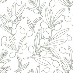 Seamless pattern drawing olive oil fruits branch. Drawings food. Hand drawn floral illustration olives fruit tree branches leaves background green. Edible foliage. Fabric wrapping decor menu