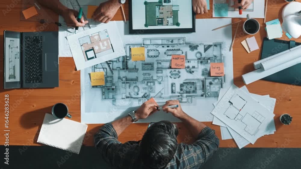 Poster top down view of civil engineer handed document while looking at blueprint. aerial view of architect