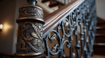 Close-up detail of a wooden staircase banister with soft natural lighting