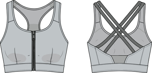 Sports bra illustration, front zipper design, crisscross back straps, racerback sketch, activewear garment, stitching details, fitness top drawing © Riyaj Vector Valley